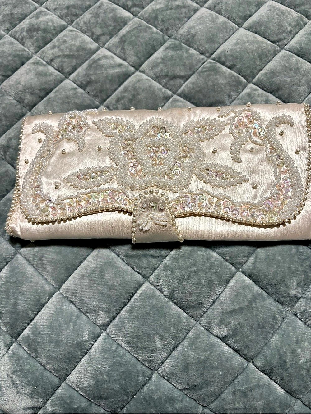 BonSoir Embellished Clutch in White & Pink Like New